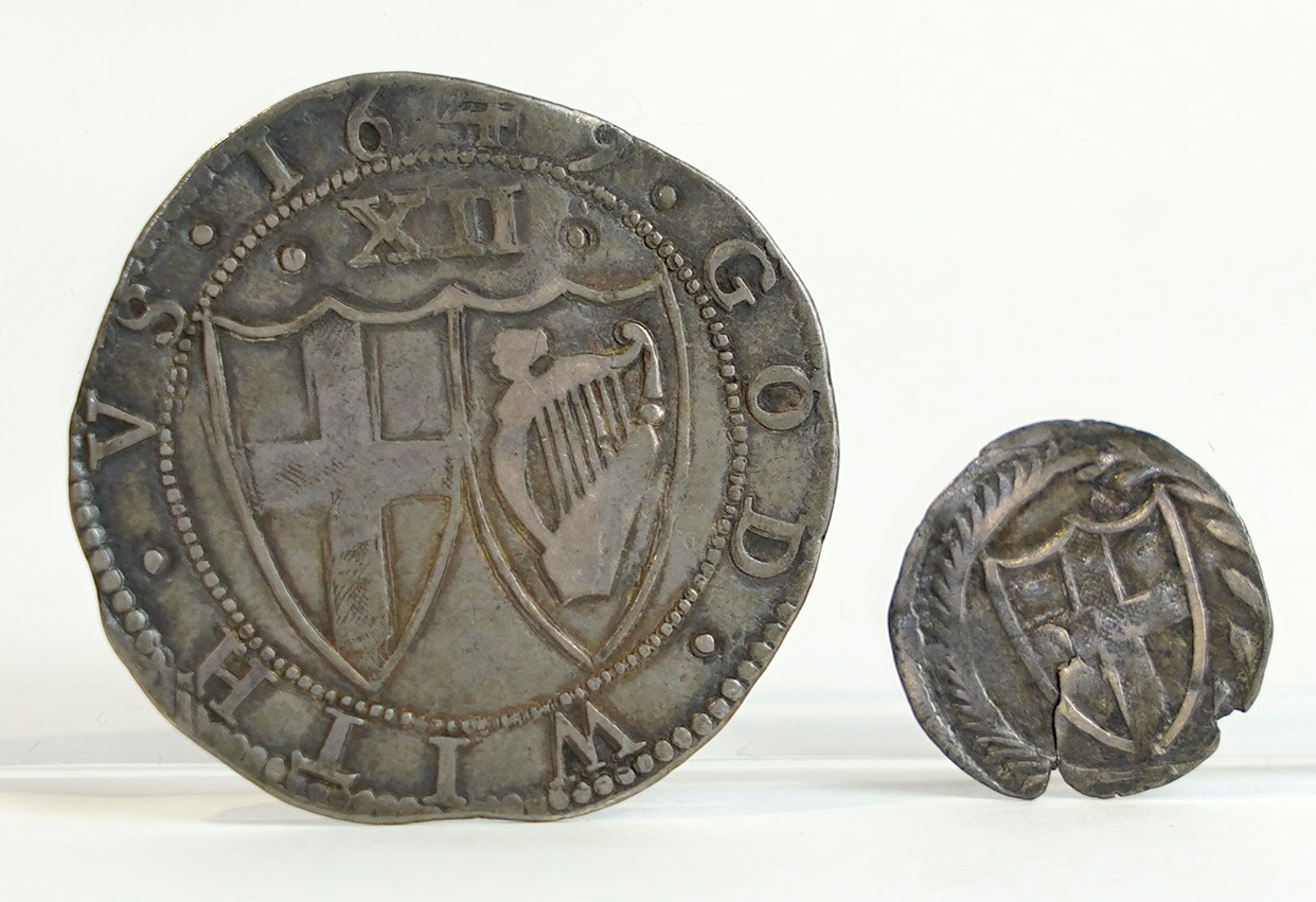 British hammered silver coinage, Commonwealth (1649-1660), Shilling, 1649, mm. sun (S3217), fine, toned and a half groat (S3221), split with edge losses otherwise fine, toned (2)